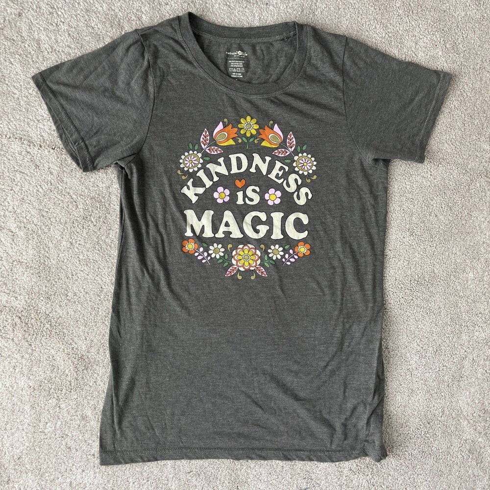 NATURAL LIFE Charcoal Graphic Tee with Floral 'Kindness is Magic' Slogan